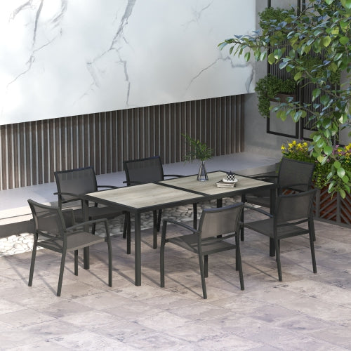 7pc, 6 Seat Outdoor Patio Dining Set w Wood Grain Table Mesh Stackable Chairs - Black, Grey