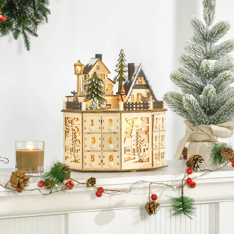 Light-Up Wooden Christmas Advent Countdown Decoration w 24 Drawers Holiday Xmas, Winter Village