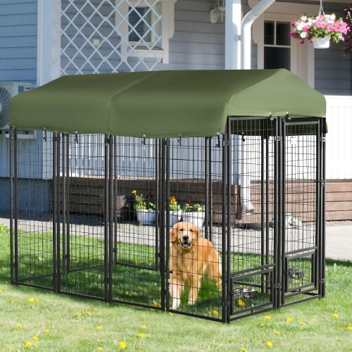 8' x 4' x 6' Steel Dog House, Bowl Holders, Roof Pen Kennel Shelter Heavy Duty Outdoor Dk Green