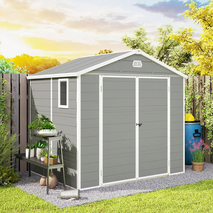 8' x 6' Plastic Garden Storage Shed with Latch Door, Vents, and Sloped Roof - Durable Weatherproof Outdoor Storage