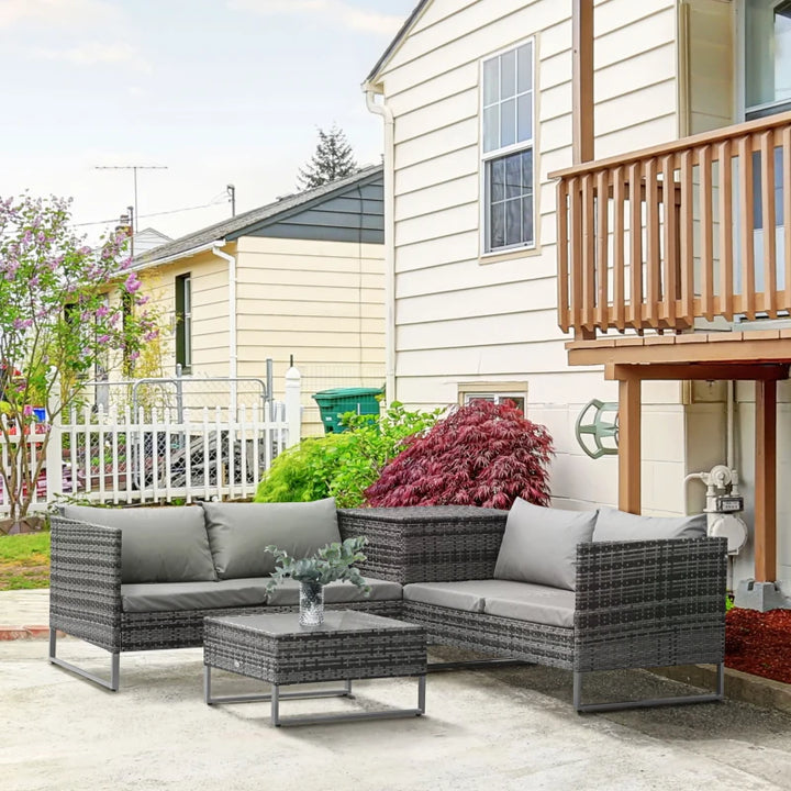 4pc L-Shape Corner Rattan Wicker Sectional Patio Sofa w Storage, Table, Cushions - Mixed Grey