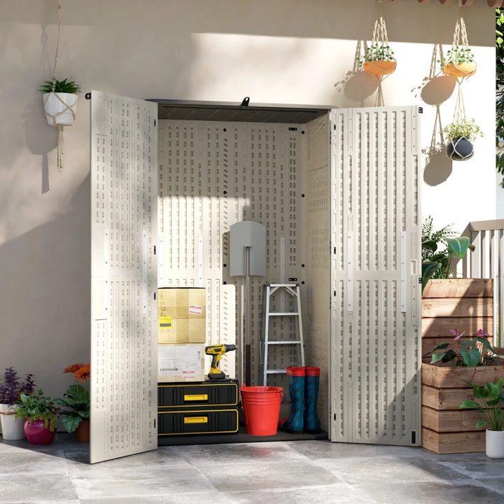 Outdoor Storage Cabinet Cream White - Large Capacity Lockable Garden Shed