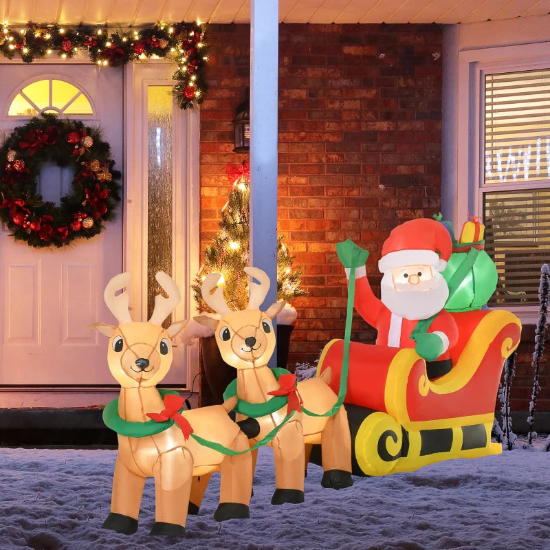 NEW 8ft Long Holiday Christmas Outdoor Inflatable Lawn Decor w Lights - Santa, Two Reindeer, Sleigh