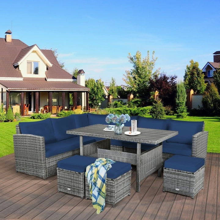 7pc L-Shape Rattan Wicker Dining Set Outdoor Patio Sectional w Table Cushions Ottomans, Navy Blue