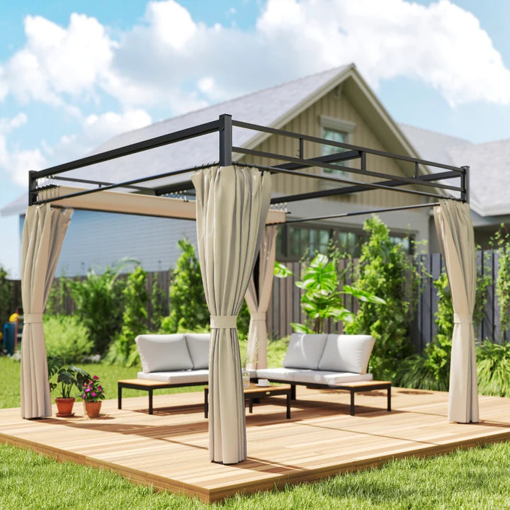 10' x 10' Outdoor Gazebo Retractable Pergola Canopy with Curtains - Durable UPF30+ Metal Pergola Kit