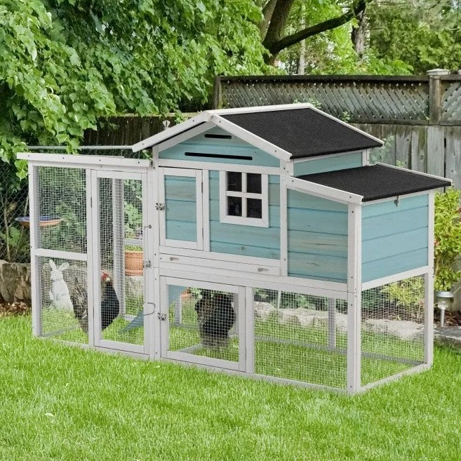 76" Wooden Outdoor Chicken Coop Hen House w Removable Tray, Nesting Box, Lockable Door, Lt Blue