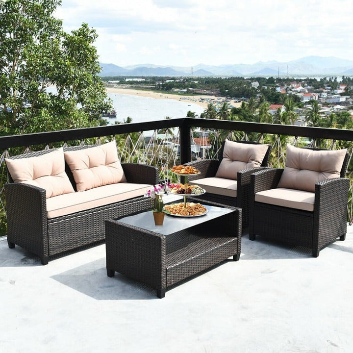 4pc PE Rattan Wicker Furniture Set w Loveseat Armchairs Cushions Table Outdoor Patio, Brown & Beige