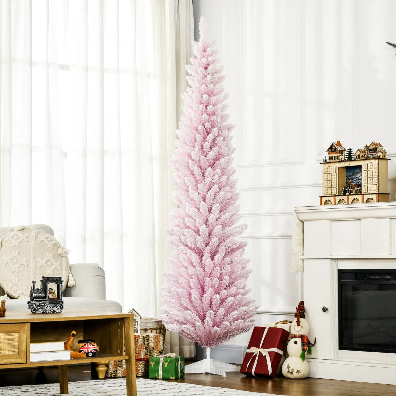 NEW 7ft 499-Tip Unlit Snow Flocked Slim Pencil Artificial Christmas Holiday Fake Xmas Tree, Pink