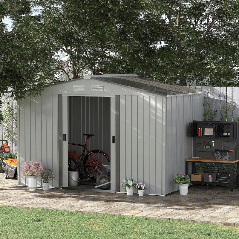 9’ x 6’ x 6’ Outdoor Metal Storage Shed Organizer w/ Foundation for Patio Backyard - Light Grey