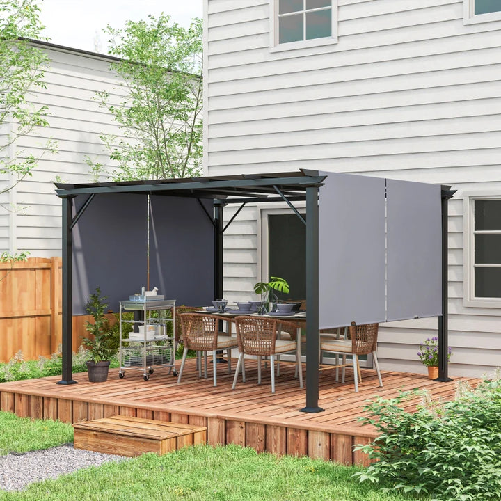 12' x 10' Steel Pergola Gazebo Shelter w Retractable Fabric Canopy Roof, Outdoor Deck Patio, Grey