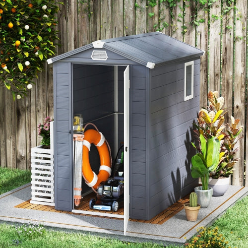 4.5' x 6' Resin PP Plastic Aluminum Outdoor Tool Storage Shed w Swing Door, Patio Garden, Grey