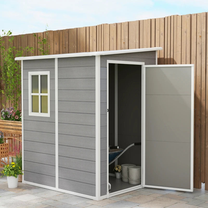 4' x 5' Resin PP Plastic Aluminum Lean To Outdoor Tool Storage Garden Shed w Door, Window, Grey