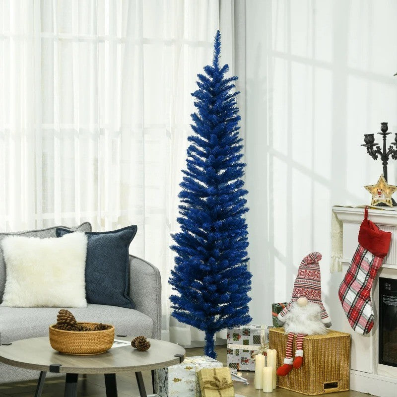 6ft 360-Tip Slim Pencil Unlit Artificial Christmas Holiday Tree w Base, Xmas Decor, Deep Blue