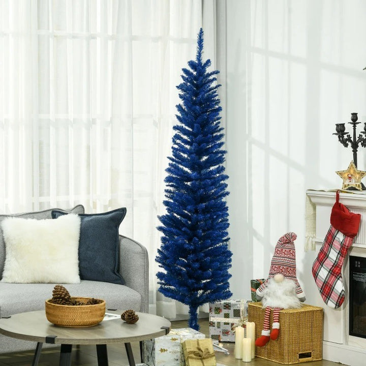 6ft 360-Tip Slim Pencil Unlit Artificial Christmas Holiday Tree w Base, Xmas Decor, Deep Blue