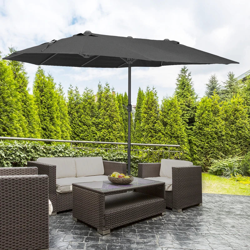 15ft Double Twin Canopy Patio Outdoor Deck Umbrella Shade Shelter w UV Protection Crank, Black