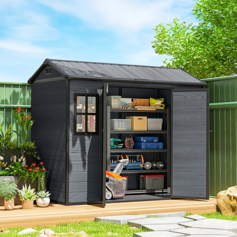 Resin Garden Shed Wood-Effect Outdoor Storage with Floor and Lockable Doors - Spacious Weather-Resistant Storage