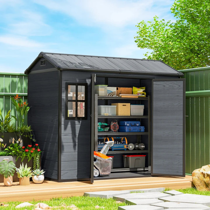 Resin Garden Shed Wood-Effect Outdoor Storage with Floor and Lockable Doors - Spacious Weather-Resistant Storage
