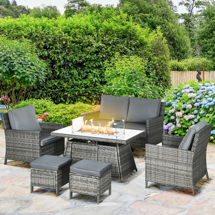 6pc PE Rattan Wicker Conversation Set w Propane Fire Pit Table, Footstools, Outdoor Patio, Grey