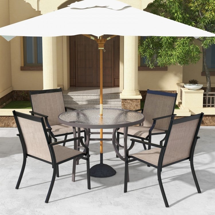 Set of 4 Patio Dining Lounge Chairs, Breathable Mesh & Metal for Outdoor Lawn Garden, Beige Brown