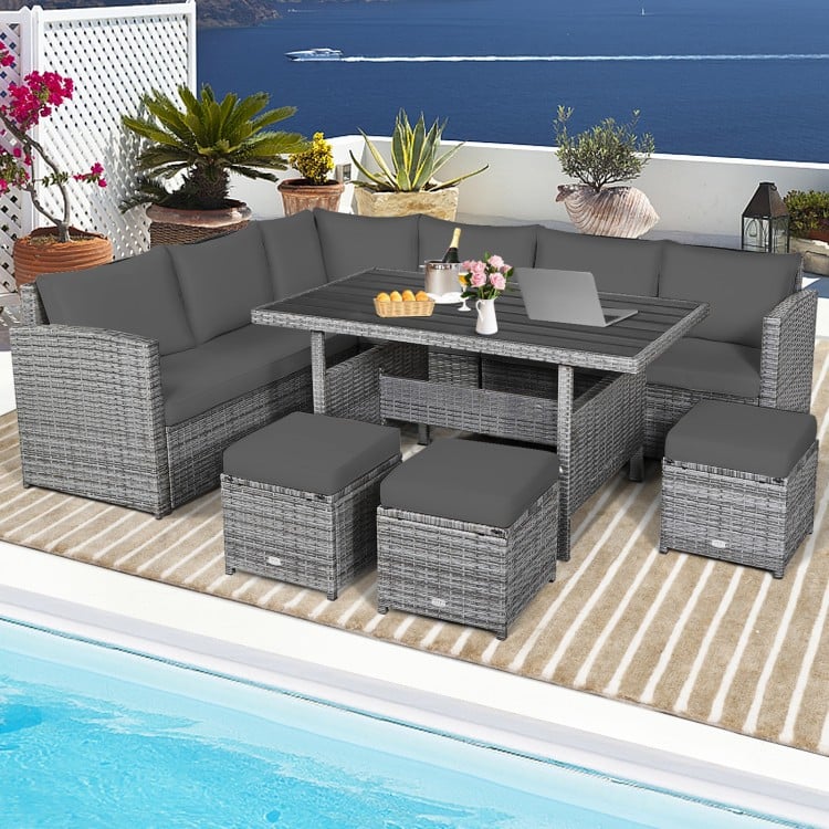 7pc L-Shape Rattan Wicker Dining Set Outdoor Patio Sectional w Table Cushions Ottomans, Mixed Grey