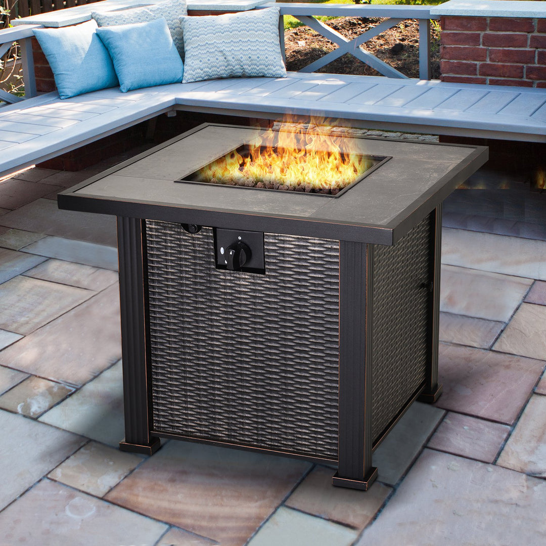 30" Square 50,000 BTU Propane Gas Fire Pit Table Heater w Cover for Outdoor Patio, Black-Brown