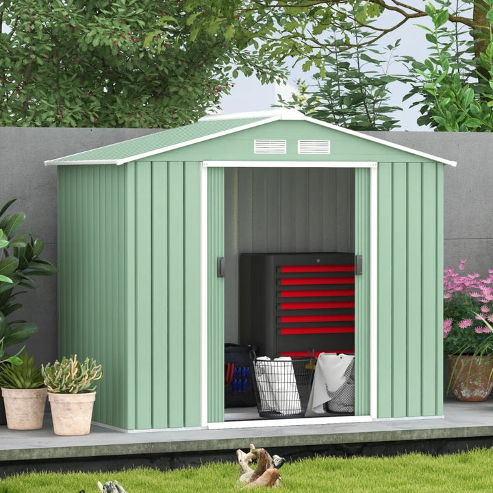 7’ x 4’ x 6’ Outdoor Metal Storage Shed Organizer w Foundation for Garden Backyard, Light Green