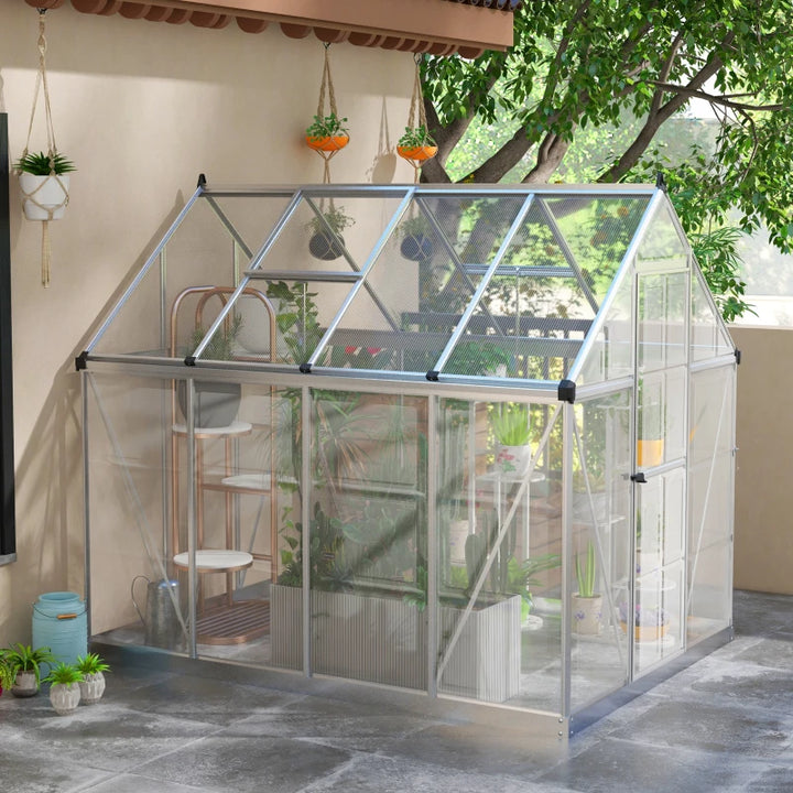 6' x 8' Walk-In Hard-Sided Aluminum Garden Greenhouse w Clear & Double PC, 5-Level Vent, Door