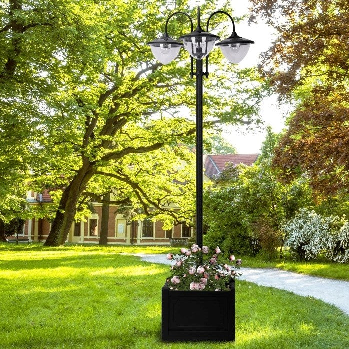 74” 3-Head Solar LED Automatic Outdoor Torch Light Street Lamp Post w Flowerbed Planter, Black