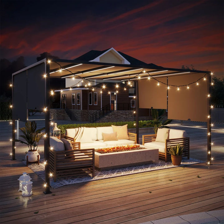 13' x 10' Steel Pergola Shelter w Solar LED Lights, Adjustable Roof Shade Outdoor Patio, Grey