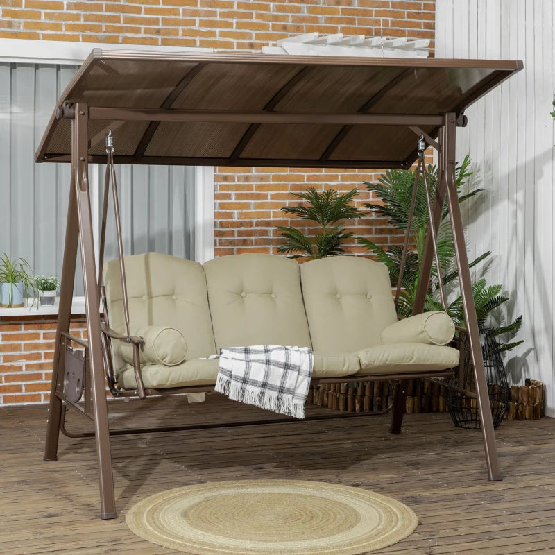 Heavy Duty Outdoor 3 Seater Porch Swing Bench Seat w Canopy & Cushions Patio Deck, Brown, Khaki