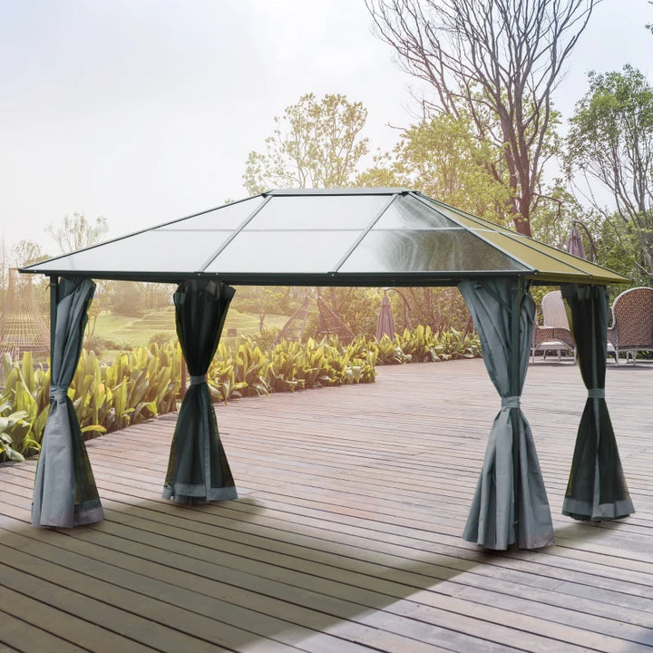 13’ x 10' Aluminum Metal PC Hardtop Gazebo Shelter Canopy w/ Curtains, Mesh Walls - Black, Grey