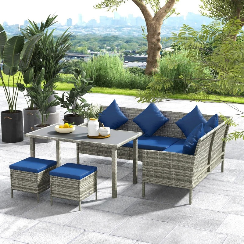 5pc L Shape PE Rattan Wicker Galv Steel Dining Table Set w Cushions Patio Deck, Grey, Navy Blue