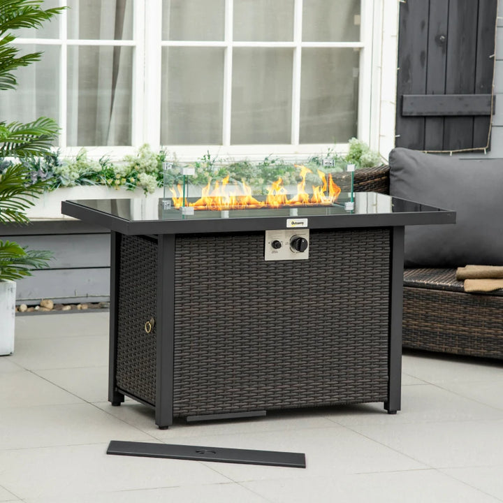 43" 50,000 BTU Propane Gas Fire Pit Table, Glass Top, Stones Wind Shield Cover, Dk Brown Rattan