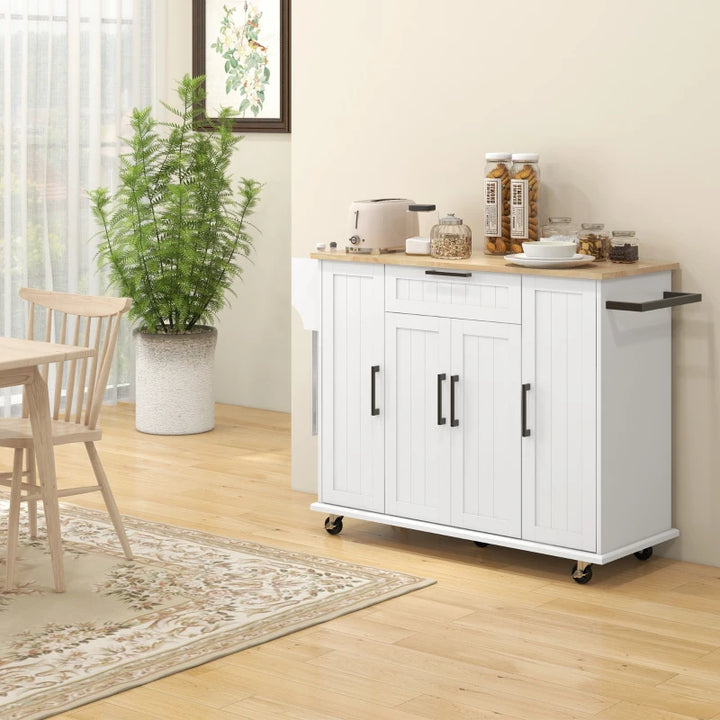 Modern Rolling Kitchen Island Storage Cart Cabinet Sideboard, Natural Wood Top, Wheels, White