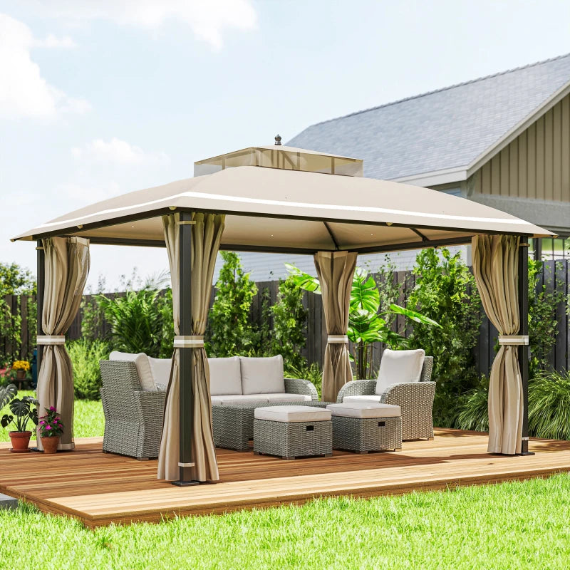 10x12 Outdoor Gazebo Double Roof Patio Canopy with Netting and Curtains - Durable Metal Garden Shelter