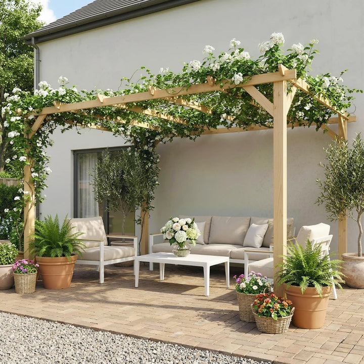 Wooden Pergola 10' x 13' Outdoor Gazebo with Grape Trellis - Natural Shade and Garden Shelter