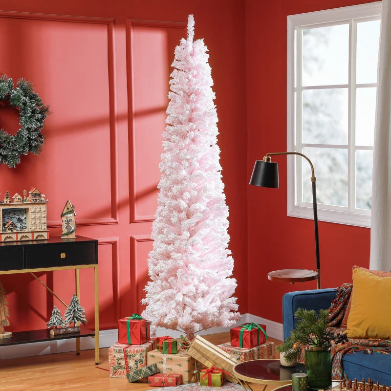 7.5ft 738-Tip Unlit Snow Flocked Slim Artificial Pencil Christmas Holiday Fake Xmas Tree, Pink