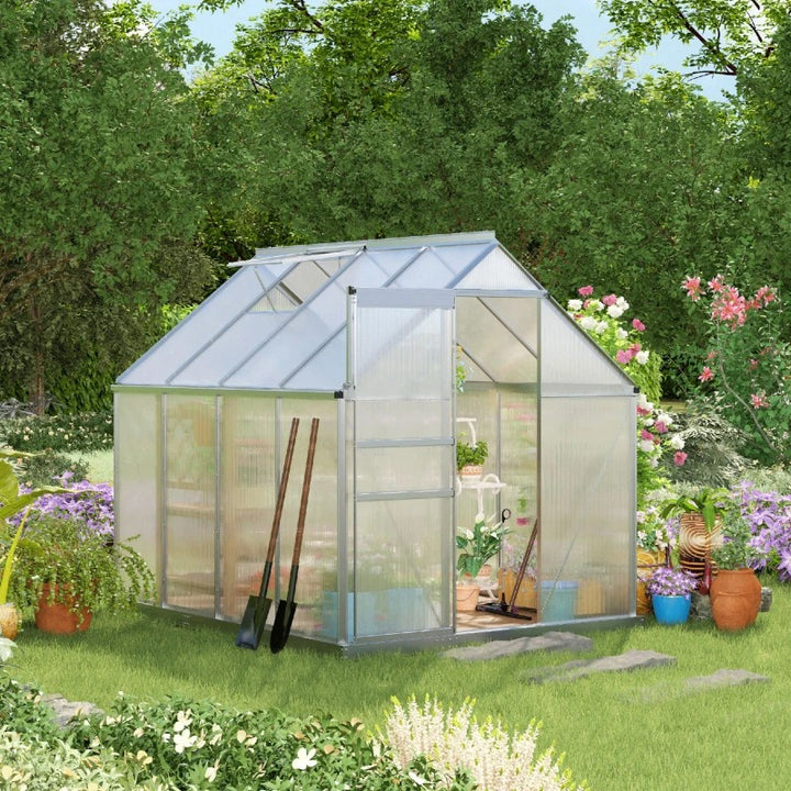 8' x 6’ x 6.5' Walk-In Hard-Sided PC Aluminum Garden Greenhouse w Vent Foundation Outdoor Plant