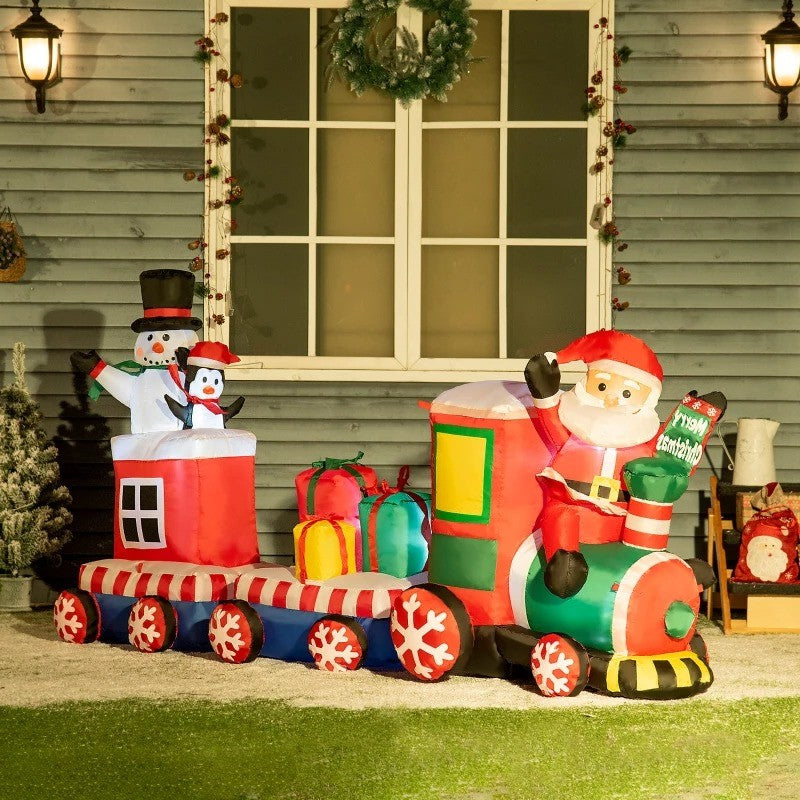 8ft Long Inflatable Holiday Christmas Outdoor Decoration w Light, Santa Train, Snowman, Penguin