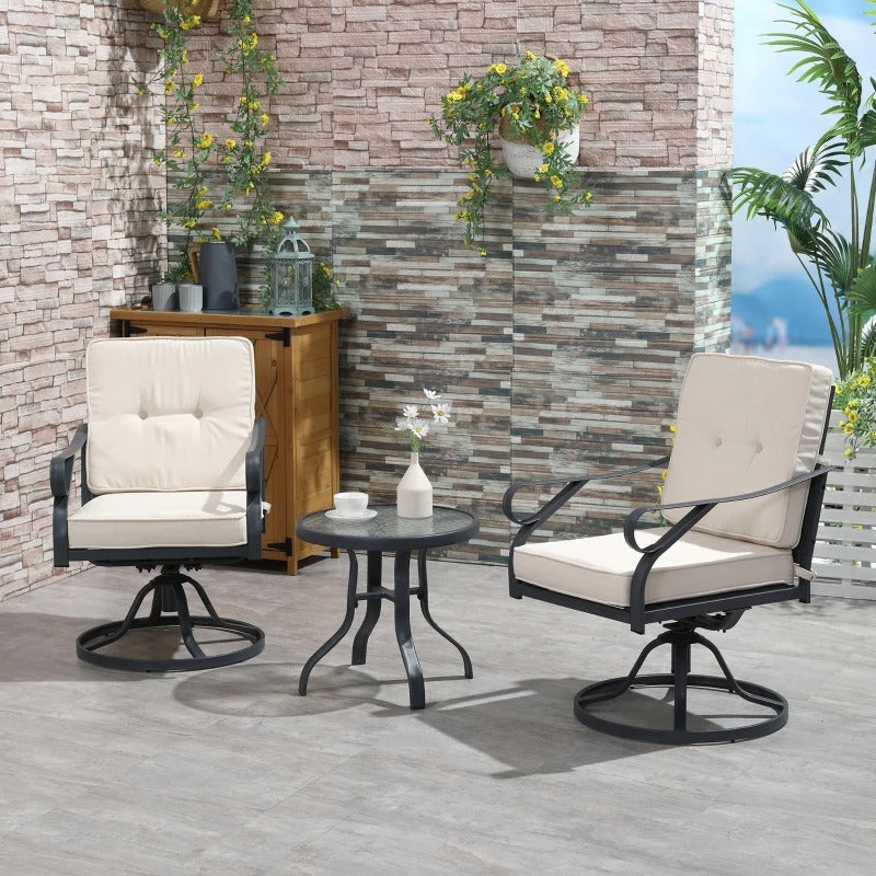 3pc Metal Bistro Set w Swivel Rocker Chairs & Glass Table for Outdoor Patio, Cream White & Grey