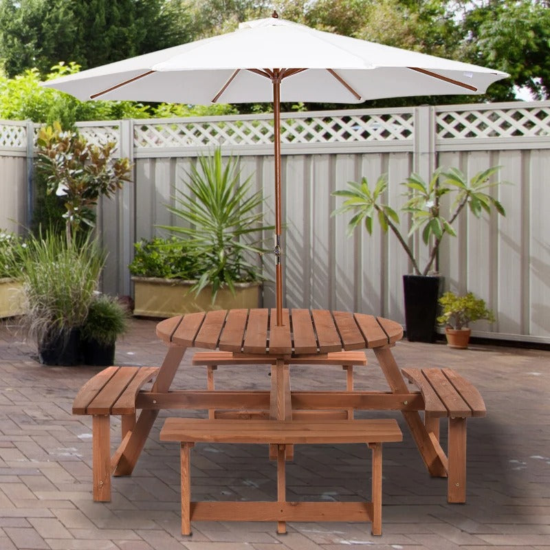 NEW 8-Seat Round Picnic Dining Pub Table w Bench Seats, Outdoor Pool Patio, Solid Stained Fir Wood