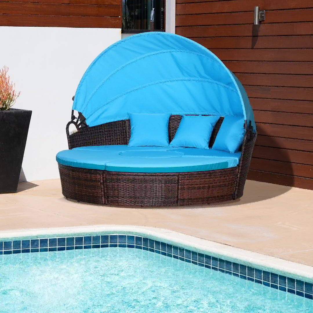 4pc Rattan Wicker Round Canopy Daybed Lounge Outdoor Patio Sofa Set w Cushions, Brown, Aqua Lt Blue