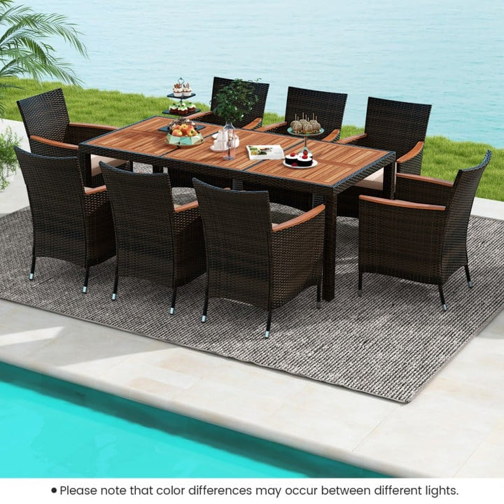 9pc PE Rattan Wicker Dining Set w 8 Armchairs, Acacia Wood Top, Umbrella Hole, Outdoor Patio, Brown