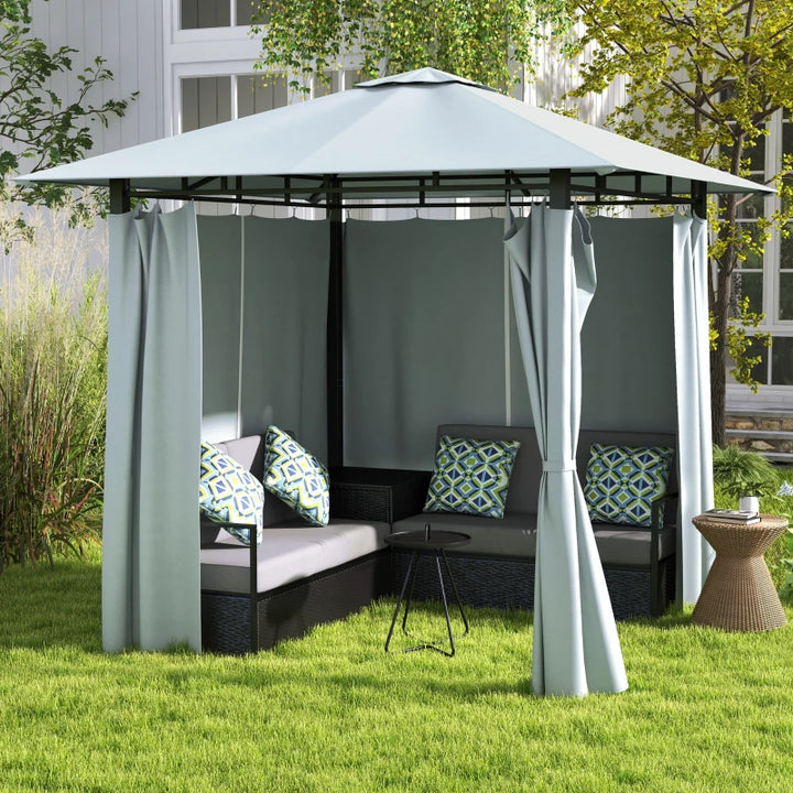 All-in-One Corner Rattan Wicker Outdoor Sofa Set & Patio Gazebo w Canopy, Curtains, Black, Grey