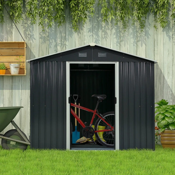 8’ x 6’ x 6’ Outdoor Metal Storage Shed Organizer w/ Foundation for Patio Backyard - Dark Grey