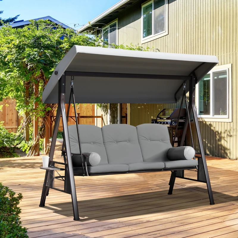 Heavy Duty Outdoor 3 Seater Porch Swing Bench Seat w Canopy & Cushions for Patio Deck - Lt Grey