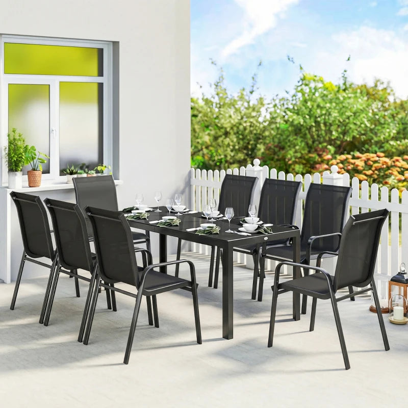 9 Pieces Patio Set With Stackable Chairs and Glass Top - Durable Outdoor Dining Furniture