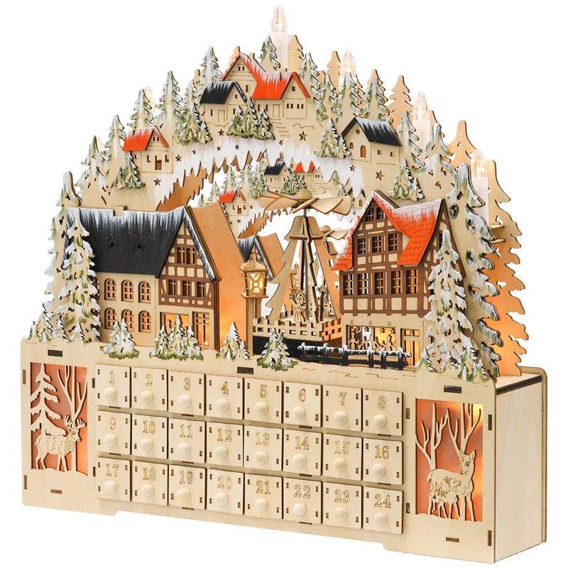 NEW Light-Up Wooden Christmas Advent Countdown Decor w 24 Drawers, Holiday Mountain Winter Village