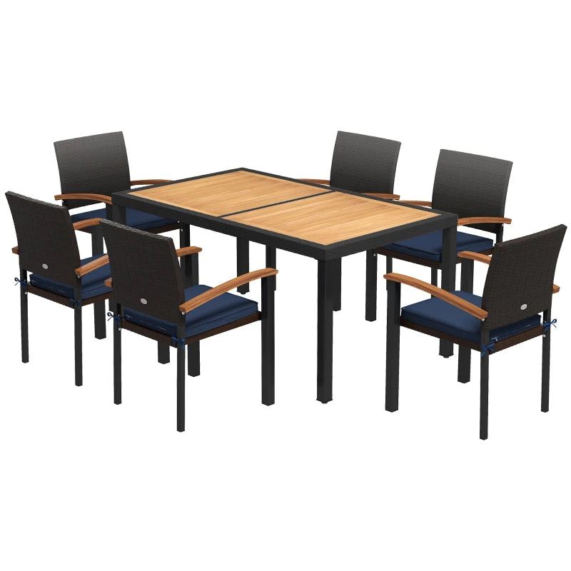 7pc, 6-Seat Patio Dining Set w Acacia Wood Tabletop, Rattan Arm Chairs, Cushions Outdoor, Black