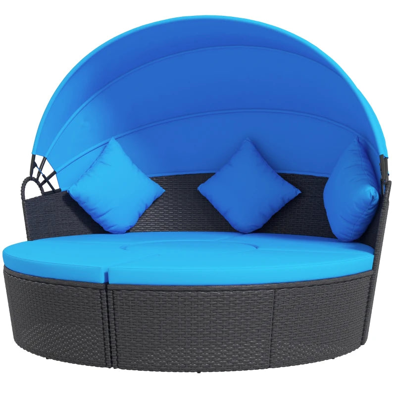 4pc PE Rattan Wicker Round Canopy Daybed Lounge Patio Sectional Sofa w Cushions, Blue, Black